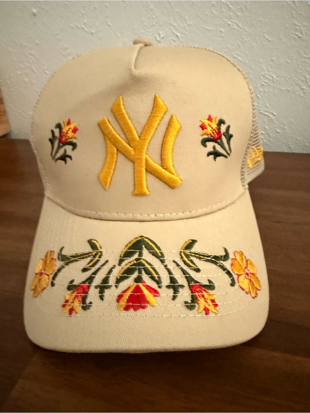 Beige Floral Embroidered Yankee Cap